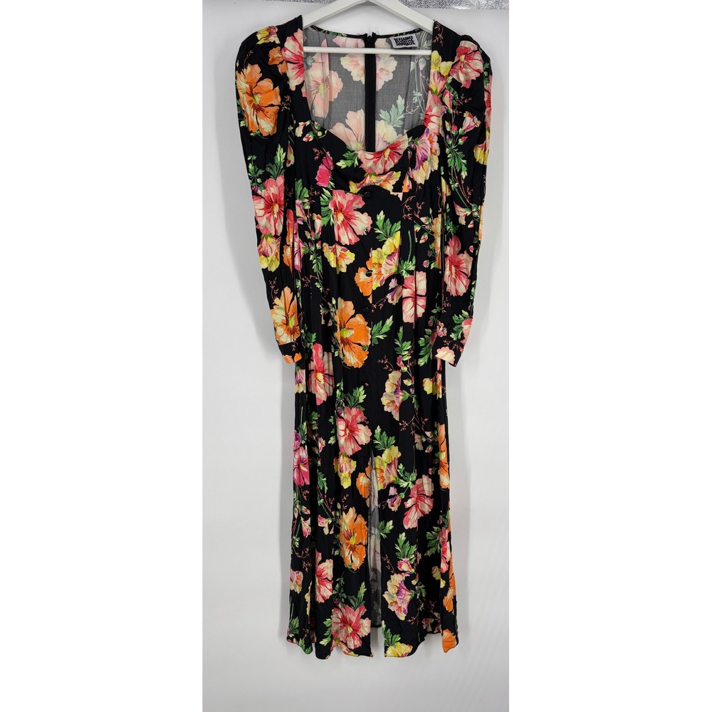 Reclaimed Vintage Black Floral Puff Sleeve‎ Midi Dress Square Neck Slit US 4